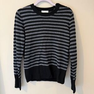 Equipment Femme Black Silver Metallic Striped Wool Blend Shoulder Button Sweater